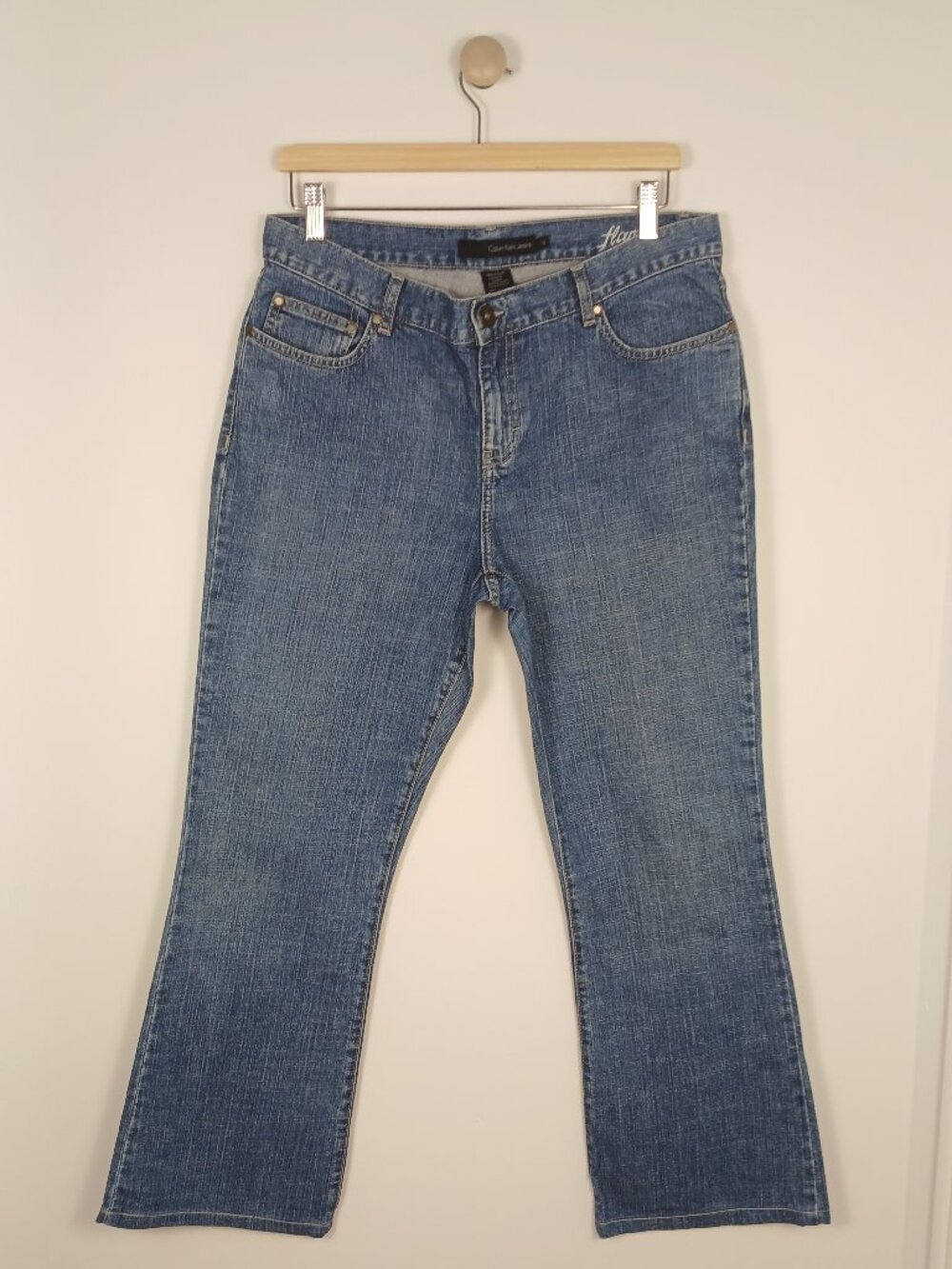 Calvin Klein Jeans Women Size 12 Flare Double Stone Wash Denim Mid Rise